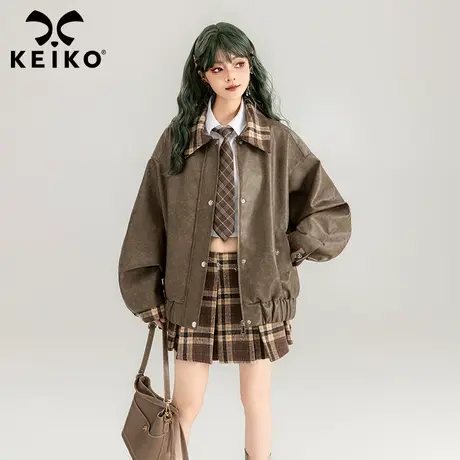 KEIKO 高级感擦色皮衣外套女2024春季美拉德拼接棕色宽松皮夹克图片