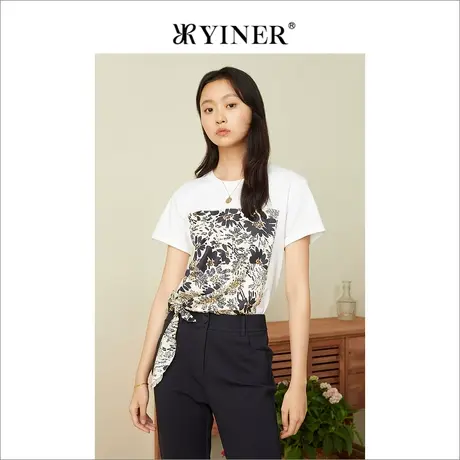 YINER音儿女装2022夏季拼接蚕丝印花短袖针织衫商品大图