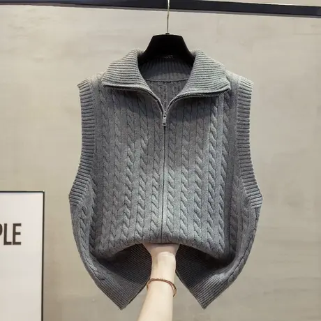 麻花高领拉链针织开衫马甲背心女2025春秋新款宽松外穿马夹毛衣坎商品大图