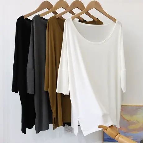 莫代尔短袖t恤女运动罩衫大码下摆开叉休闲居家慵懒风大圆领上衣商品大图