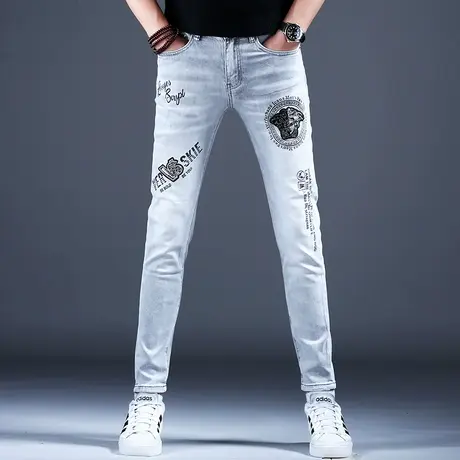 男士新款牛仔裤男款时尚修身浅灰色修身烫钻印花小脚裤子美式高街商品大图