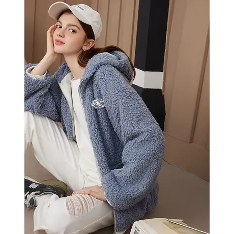 a02冬款2023连帽仿羊羔毛长袖上衣简约风个性女式棉衣图片