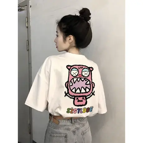 纯棉正肩短袖t恤女韩版宽松休闲小众设计感oversize宽松半袖上衣商品大图