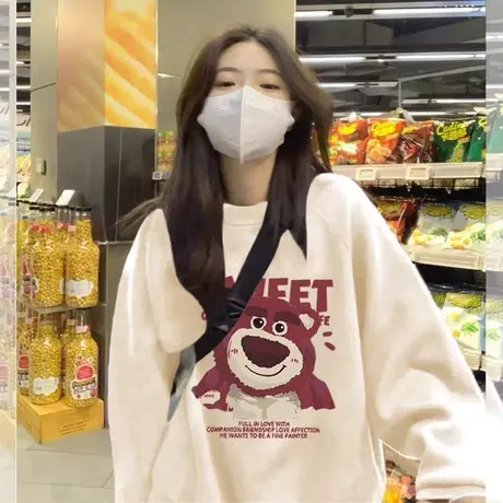 落肩圆领卫衣女春秋薄款小个子美式复古杏色港风chic无帽长袖上衣图片