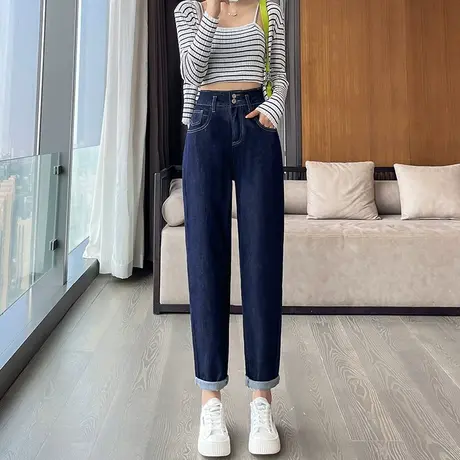 深蓝色牛仔老爹裤女2024春秋季高腰宽松小个子直筒显瘦哈伦萝卜裤商品大图