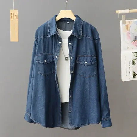 休闲翻盖口袋牛仔衬衫外套女2024新款春秋蓝色衬衣薄开衫宽松上衣商品大图