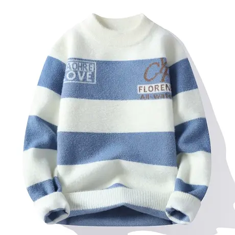 秋冬季新款条纹水貂绒毛衣男士韩版潮流时尚休闲青少年学生针织衫图片