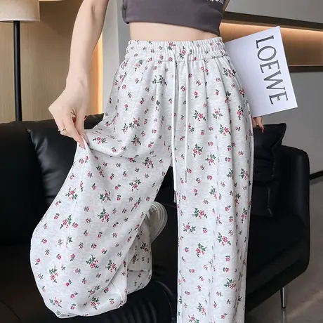 复古碎花窄版阔腿裤女春秋新款松紧高腰休闲裤宽松显瘦拖地长裤子商品大图