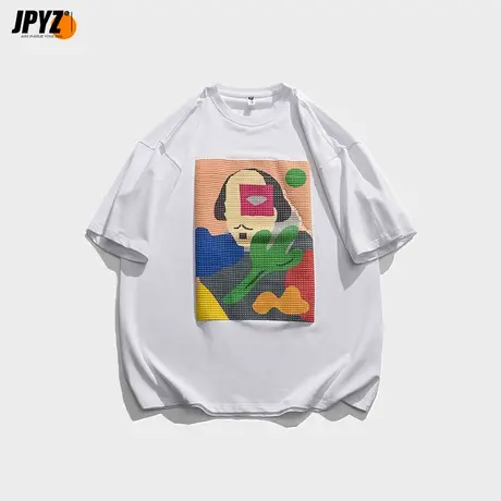 艺术风潮牌颗粒像素复古情侣短袖宽松油画t恤男新款半袖五分体恤商品大图