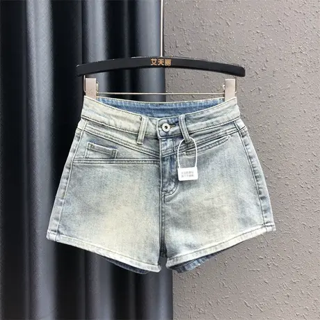 欧货韩系风阔腿裤女2024春夏新款浅蓝色气质高腰显瘦休闲牛仔短裤图片