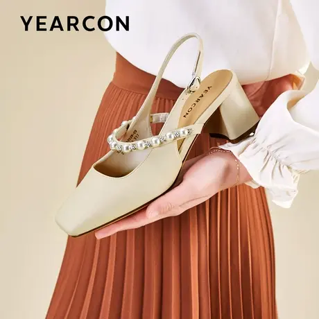 意尔康方头粗跟高跟鞋女法式复古优雅气质珍珠一字带包头时装凉鞋商品大图