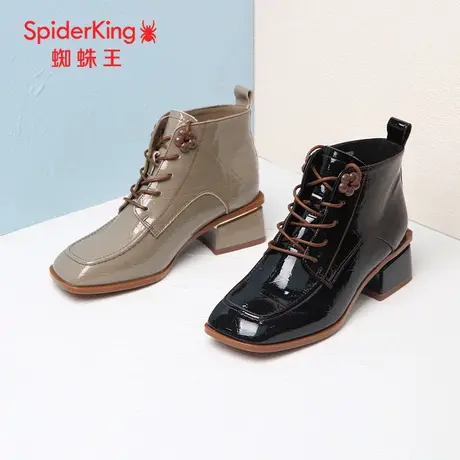 SPIDER KING/蜘蛛王真皮2023秋商场新款女短筒时装靴系带漆皮粗跟商品大图