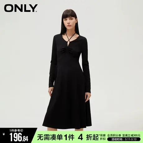 ONLY冬季气质V领长袖A字抽绳中长连衣裙女|123361004图片