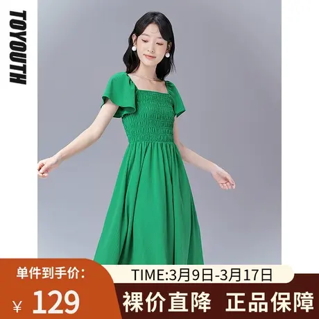 TOYOUTH初语连衣裙女夏季新款褶皱弹力收缩显瘦荷叶飞边袖图片