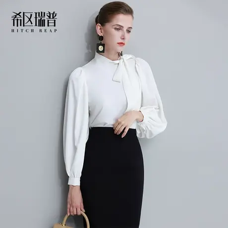 希区瑞普法式长袖衬衫女新款2023春季职业气质飘带领泡泡袖白衬衣商品大图