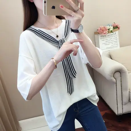 冰丝针织衫t恤女蝴蝶结短款上衣半袖宽松打底衫短袖夏装新款2022图片