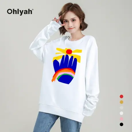 Ohlyah品牌 港风洋气ins潮牌圆领卫衣女2023秋冬新款长袖白色上衣商品大图