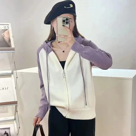洋气连帽毛衣开衫女针织拉链短外套春秋款2023新款初春上衣小个子图片