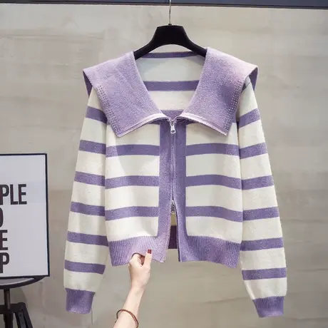 娃娃领针织开衫女2023秋装新款宽松外穿短款上衣条纹拉链毛衣外套图片