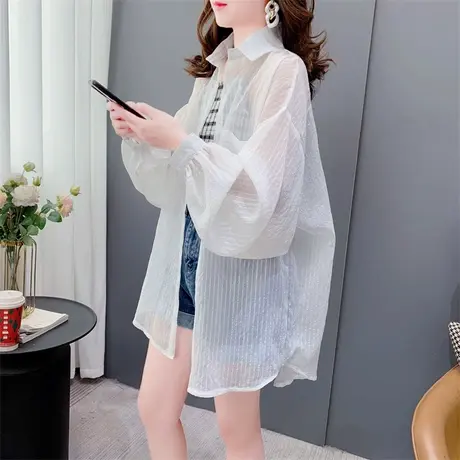 粉色防晒衬衫女2023夏季新款洋气宽松中长款大码上衣薄款长袖外套商品大图