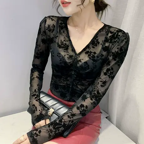性感V领网纱打底衫女2023春秋新款透视薄款长袖T恤潮洋气辣妹上衣商品大图