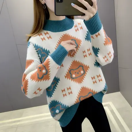 冬季2022新款女装提花半高领加厚毛衣女宽松爆款针织打底衫外穿潮商品大图