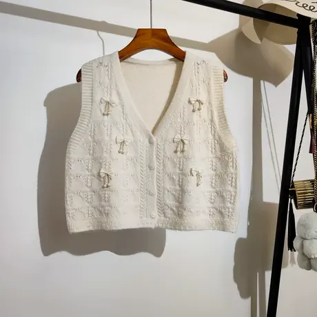 针织马甲女秋季新款法式甜美蝴蝶结无袖坎肩毛衣背心开衫上衣外穿商品大图