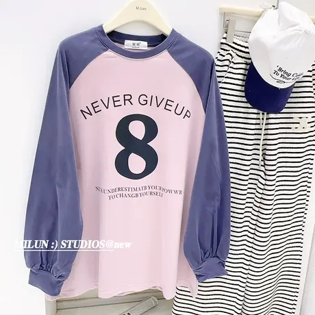 韩国东大门上衣春秋款ins小众设计感复古拼色字母长袖T恤慵懒休闲商品大图