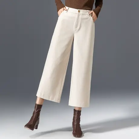 白色毛呢阔腿裤女秋冬2023新款妈妈裤子休闲七分裤冬季八分直筒裤商品大图