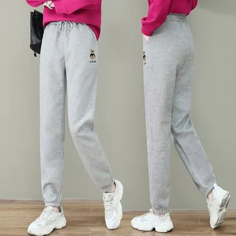 灰色卫裤女秋冬新款抽绳松紧腰运动裤宽松小个子九分休闲束脚裤子图片