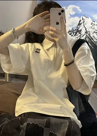 纯棉正肩polo衫短袖t恤女夏季宽松半袖设计感小众美式复古上衣服商品大图
