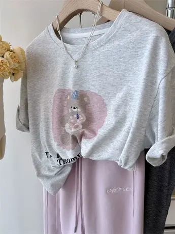 粉粉的蛋糕熊 可爱减龄卡通印花宽松圆领百搭短袖T恤女23春夏上衣商品大图