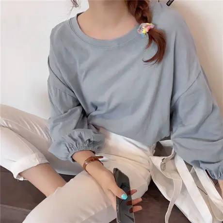 设计感长袖t恤女ins潮韩范学生春秋百搭宽松慵懒泡泡袖chic上衣服商品大图