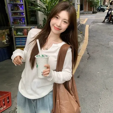 针织长袖t恤女秋季2023新款温柔风内搭打底衫v领韩版宽松显瘦上衣商品大图