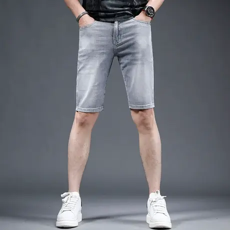 牛仔短裤男潮牌夏季薄款修身浅灰色潮流弹力休闲男士中裤五分裤商品大图