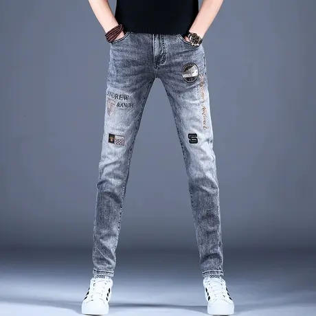 灰色刺绣牛仔裤男款2023新款裤子男潮流休闲小脚修身高档美式高街商品大图