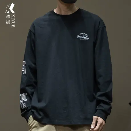 希越260g精梳棉男士长袖T恤男秋季美式重磅字母印花宽松大码单衣商品大图