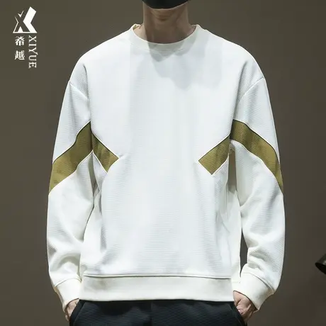 希越美式圆领拼接华夫格卫衣男秋季宽松大码水洗撞色潮牌长袖上衣商品大图