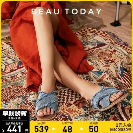 BeauToday罗马凉鞋女2023新款平底鞋低跟真皮小众女鞋复古一字带商品大图