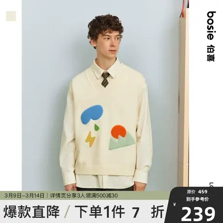 bosie2023年冬季新款毛织背心男情侣拼色贴布绣套头马甲图片