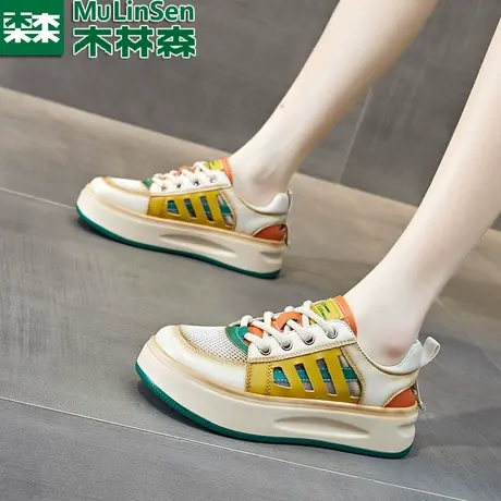 木林森真皮镂空老爹鞋女2024年夏季新款软底百搭女士包头运动凉鞋商品大图