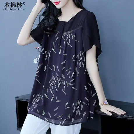 中年女士2024夏季新款上衣胖mm大码女装气质宽松显瘦碎花短袖T恤商品大图