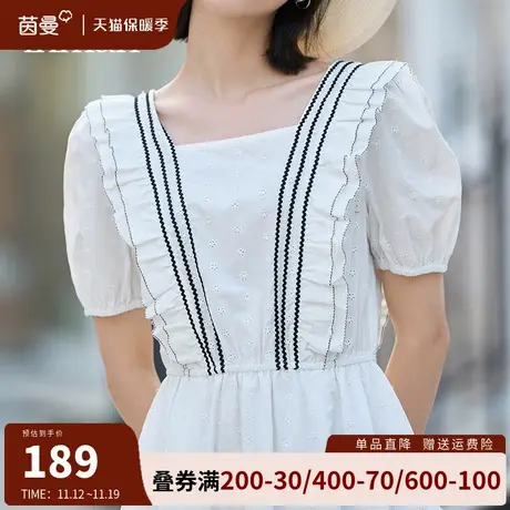 茵曼法式方领连衣裙女2023年夏季新款设计感纯棉泡泡袖裙子中长裙图片