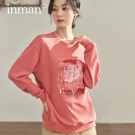 茵曼旗舰店绣花圆领套头卫衣女2023秋冬新款宽松显瘦长袖软糯上衣图片