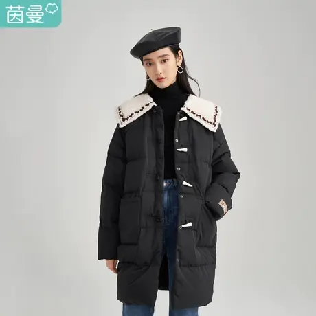 【商场同款】茵曼休闲女2023冬季新款宽松拼接大翻领牛角扣羽绒服图片