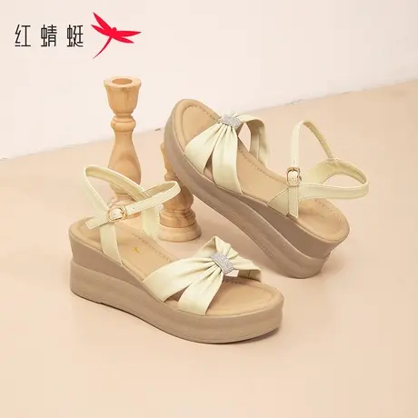 红蜻蜓中年妈妈鞋2023夏新款坡跟凉鞋女厚底一字带软底休闲沙滩鞋商品大图