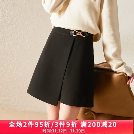 娅丽达毛呢半身裙女2023年秋季新款高腰小个子裙子不规则黑色短裙图片
