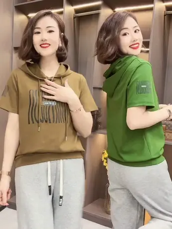 时尚休闲抽绳连帽字母印花短袖T恤女2023夏季款宽松短袖卫衣上衣商品大图