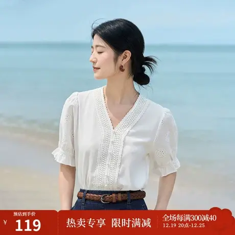 茵曼清新文艺衬衫2023夏女装新款蕾丝花边V领绣花泡泡袖短袖上衣商品大图