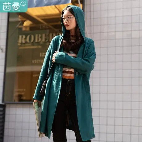 茵曼春春新款连帽韩版潮流休闲复古宽松长款显瘦风衣外套女图片
